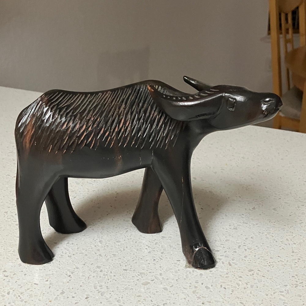 Vintage Handcarved Wooden Water Buffalo Sculpture dark wood